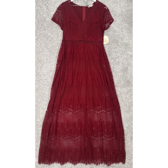 Altar'd State Dresses & Skirts - Altar'd State Mariska Brick Red Lace Semi-Sheer Embroidered Maxi Dress Womens L